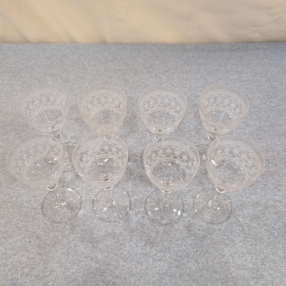 Vintage Etched Lace Crystal Wine Glasses Set of 8 Clear Stemmed Goblets - Picture 6 of 7